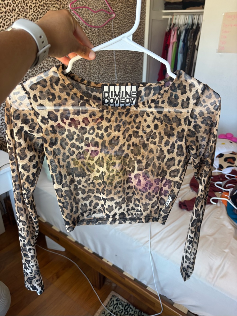 mine Leopard-Print Sheer Mesh Long Sleeve Crop Top - Tan/Black